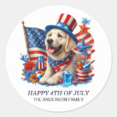 Dog Patriotic Top Hat Red White Blue Stars Streife Runder Aufkleber (Vorderseite)