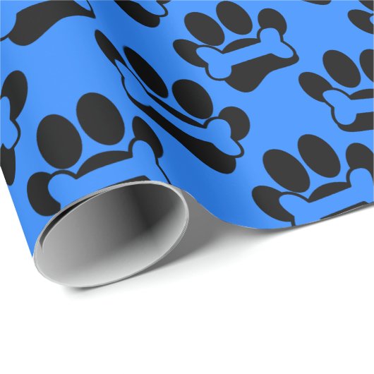 Dog Paw Drucke und Knochen Muster schwarz Blau Geschenkpapier (Rolleneckpunkt)