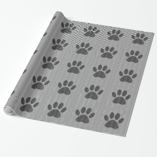 Dog Paw drucken auf schwarzen und weißen Wellen Geschenkpapier (Ungerollt)