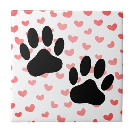 Dog Paw druckt Red Hearts Tile Fliese (Vorderseite)