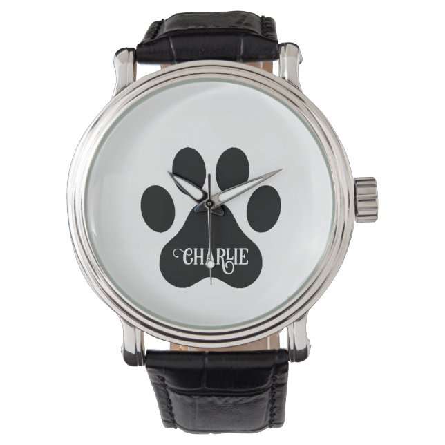Dog Paw Name Silhouette Design Armbanduhr (Vorderseite)