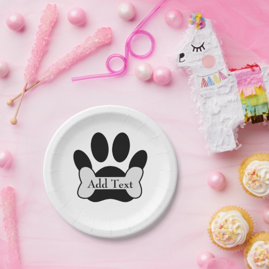 Dog Paw Print and Bone Custom Text Pappteller (Party)