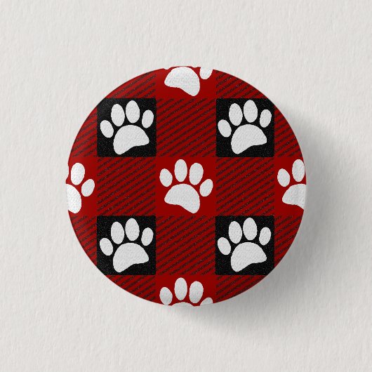 Dog Paw Print Buffalo Kariert in Schwarz und Rot Button (Vorderseite)