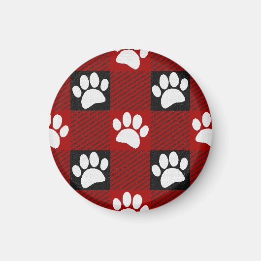 Dog Paw Print Buffalo Kariert in Schwarz und Rot Magnet (Vorne)