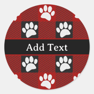 Dog Paw Print Buffalo Kariert in Schwarz und Rot Runder Aufkleber