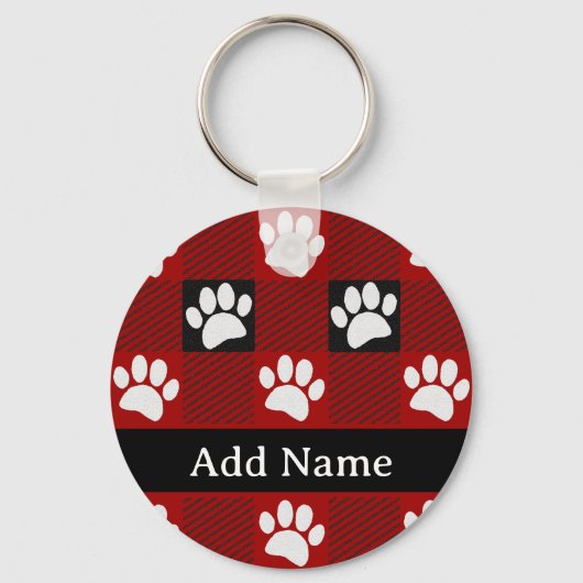 Dog Paw Print Buffalo Kariert in Schwarz und Rot Schlüsselanhänger (Vorderseite)