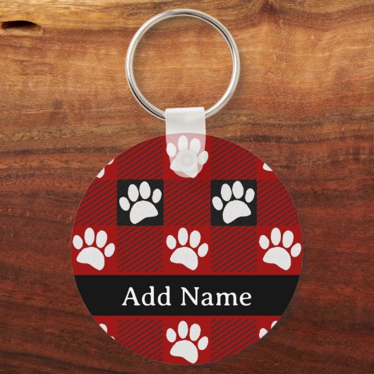 Dog Paw Print Buffalo Kariert in Schwarz und Rot Schlüsselanhänger (Vorderseite)
