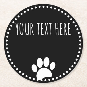 Dog Paw Print Custom Text Black Runder Pappuntersetzer