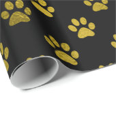 Dog Paw Print Gold Black Background Metallic Imita Geschenkpapier (Rolleneckpunkt)