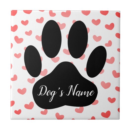 Dog Paw Print mit Individuelle Name Red Hearts Fliese (Vorderseite)