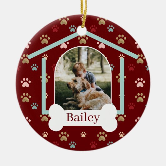 Dog Paw Print Pattern Individuelle Name Dog House Keramik Ornament (Vorne)