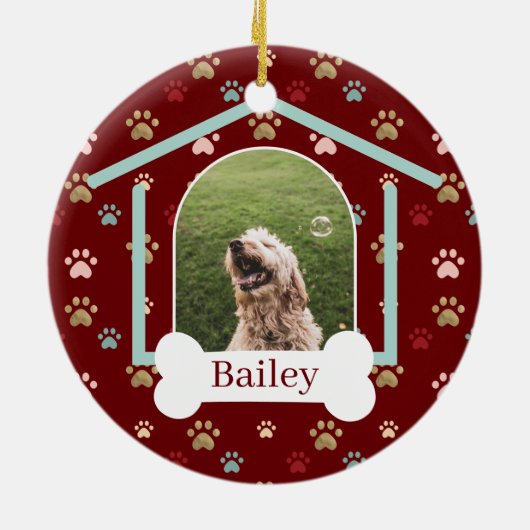 Dog Paw Print Pattern Individuelle Name Dog House Keramik Ornament (Hinten)