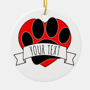 Dog Paw Print Red Heart Banner Keramik Ornament