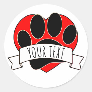 Dog Paw Print Red Heart Banner Runder Aufkleber