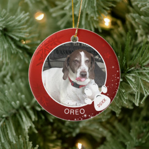 Dog Paw Print Red Snowflake Stars Foto Name Jahr Keramik Ornament