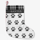 Dog Paw Print Schwarz-Weiß Tartan Kariert Custom Kleiner Weihnachtsstrumpf (Vorderseite)