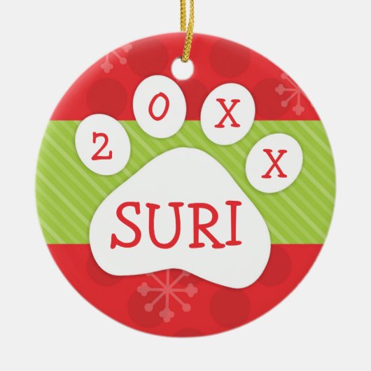 Dog Paw Print Weihnachten Rot und Grün Custom Year Keramik Ornament (Vorne)