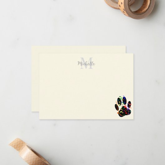 Dog Paw Print With Confetti And Streamer Monogram Mitteilungskarte (Vorderseite/Rückseite Beispiel)