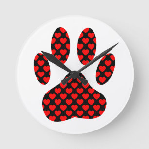 Dog Paw Print With Hearts Runde Wanduhr