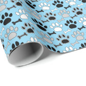 Dog Paw Prints and Bones Pattern Blue Geschenkpapier (Rolleneckpunkt)