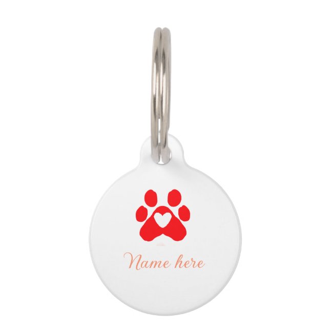 Dog paw red heart pet add name text animal paw  haustiermarke (Vorderseite)