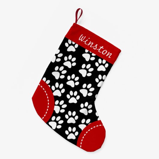 Dog Paw Themed Black Personalisiert Christmas Kleiner Weihnachtsstrumpf (Vorderansicht (hängend))