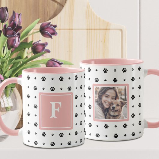 Dog Paw White Pink Black Monogram Foto Tasse