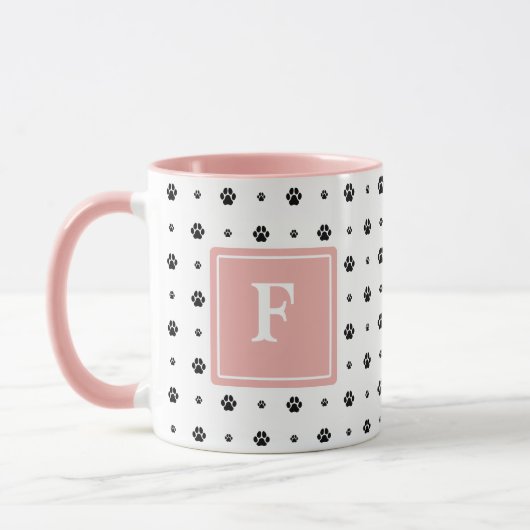 Dog Paw White Pink Black Monogram Foto Tasse (Links)