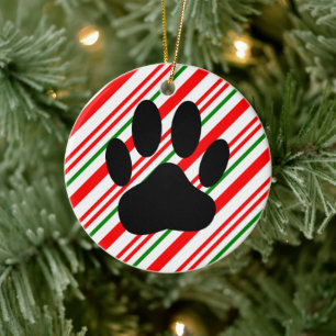 Dog Pawprint Candy Cane Keramik Ornament