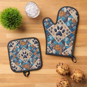 Dog Pawprint Quilt Design Note Card Ofenhandschuh & Topflappen-Set