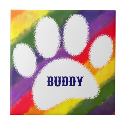 Dog Pawprint Rainbow Watercolor Individuelle Name Fliese (Vorderseite)