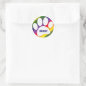 Dog Pawprint Rainbow Watercolor Individuelle Name Runder Aufkleber (Tasche)