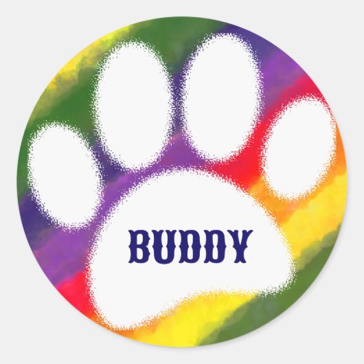 Dog Pawprint Rainbow Watercolor Individuelle Name Runder Aufkleber (Vorderseite)
