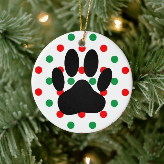 Dog Pawprint Red Green Polka Dots Keramik Ornament (Baum)