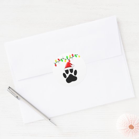 Dog Pawprint Weihnachtsmannmütze Weihnachtslichter Runder Aufkleber (Umschlag)