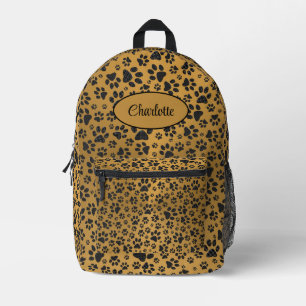 Dog Paws Black and White Polka Dot auf Metall Gold Bedruckter Rucksack