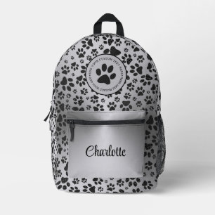 Dog Paws Black and White Polka Dot auf Metall Silb Bedruckter Rucksack