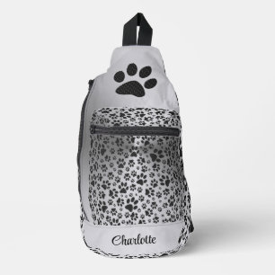 Dog Paws Black and White Polka Dot auf Metall Silb Crossbody Bag