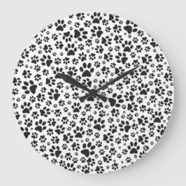 Dog Paws Black and White Polka Dot Große Wanduhr