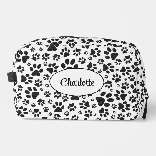 Dog Paws Black and White Polka Dot Waschbeutel (Vorderseite)