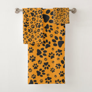 Dog Paws Black & White Polka Dot auf Dahlia Orange Badhandtuch Set
