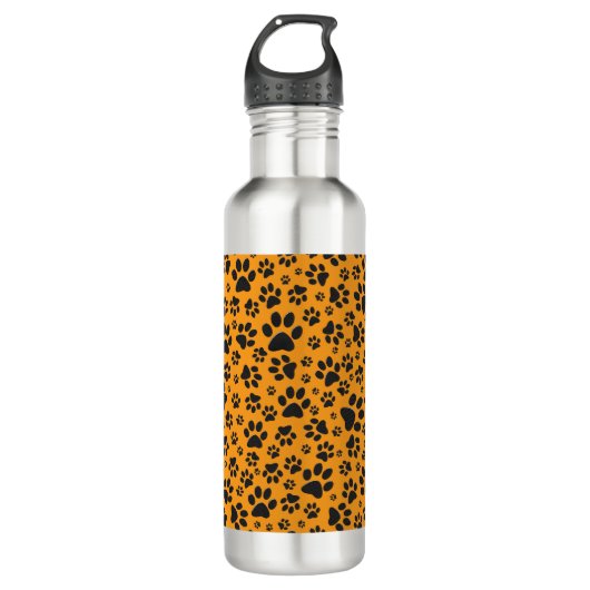 Dog Paws Black & White Polka Dot auf Dahlia Orange Edelstahlflasche (Vorderseite)