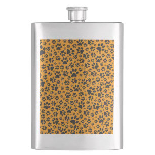 Dog Paws Black & White Polka Dot auf Dahlia Orange Flachmann