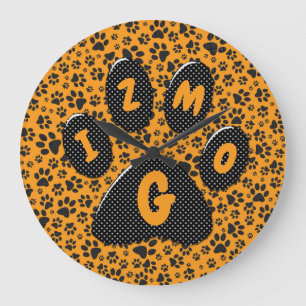 Dog Paws Black & White Polka Dot auf Dahlia Orange Große Wanduhr