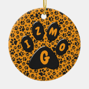Dog Paws Black & White Polka Dot auf Dahlia Orange Keramik Ornament