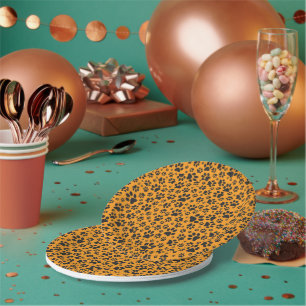 Dog Paws Black & White Polka Dot auf Dahlia Orange Pappteller