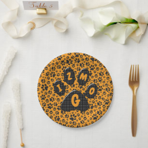 Dog Paws Black & White Polka Dot auf Dahlia Orange Pappteller