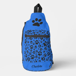 Dog Paws Black & White Polka Dot auf Tech Blue Crossbody Bag