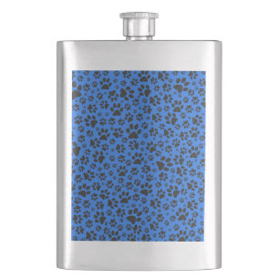 Dog Paws Black & White Polka Dot auf Tech Blue Flachmann