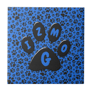 Dog Paws Black & White Polka Dot auf Tech Blue Fliese